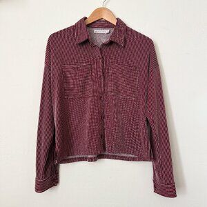 Jersey Knit Cropped Striped Button Down Shirt - Wine Red - Med